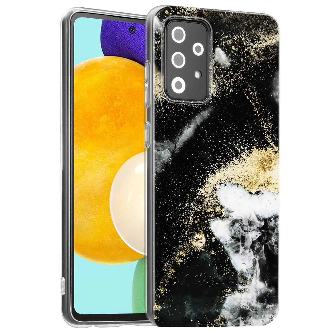 Samsung Galaxy A13 4G Hülle, Marmor-Sand-Design, Schwarz/Gold, von vorne, links