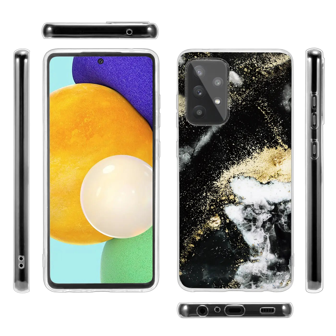 Samsung Galaxy A13 4G Hülle, Marmor- & Sand-Design, Schwarz/Gold, Vorder-/Seitenansicht