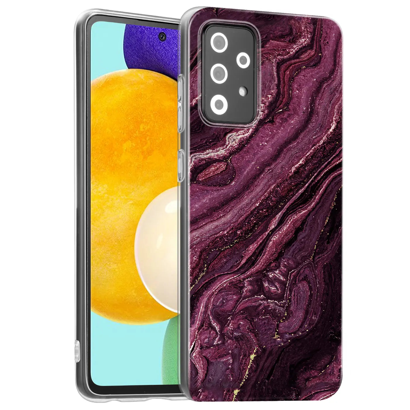 Lila Marmor-Design Hülle auf Samsung Galaxy A13 4G, von vorne schräg