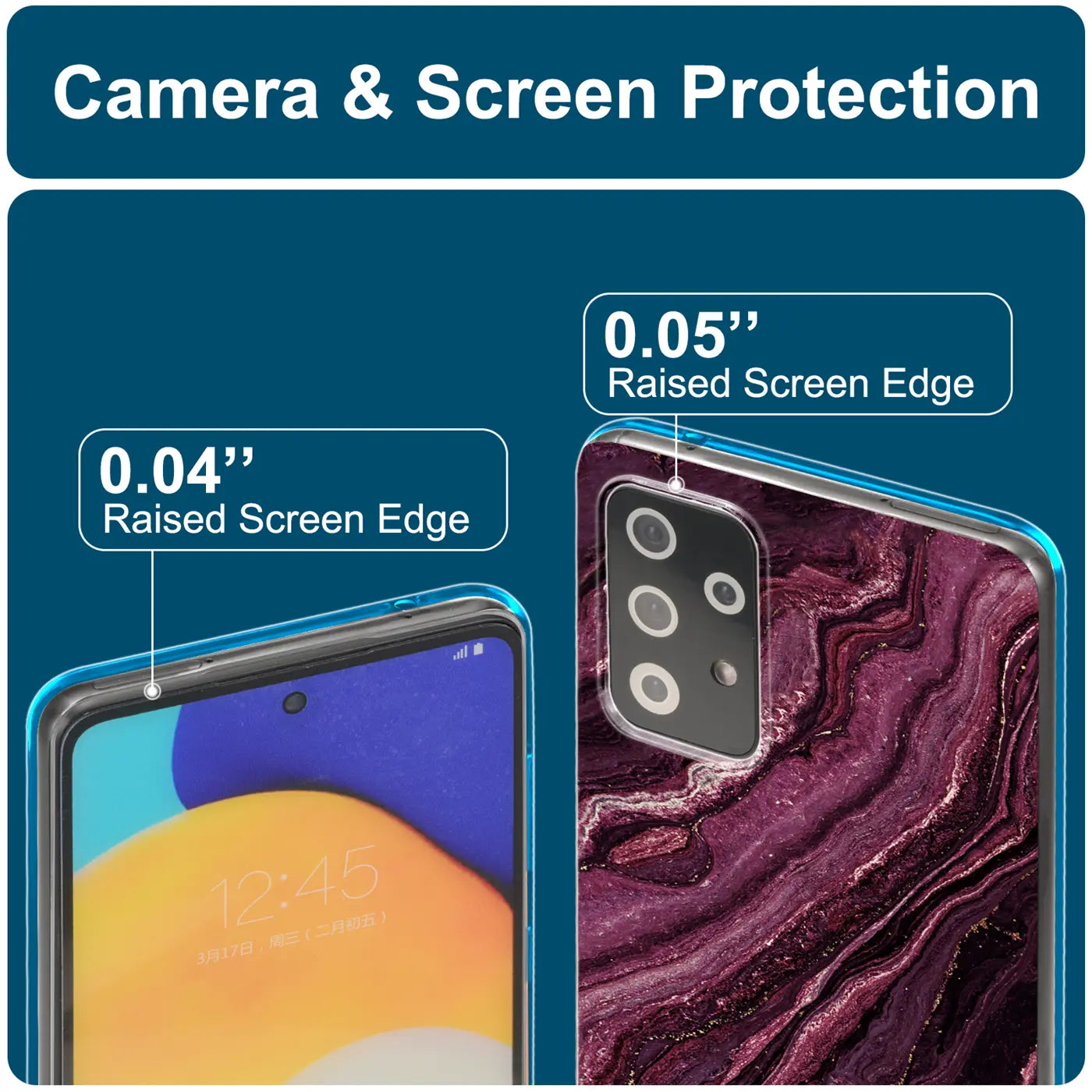 Samsung Galaxy A13 4G Hülle, Marmor-Design, Nahaufnahme der Rückseite und des Displays.
