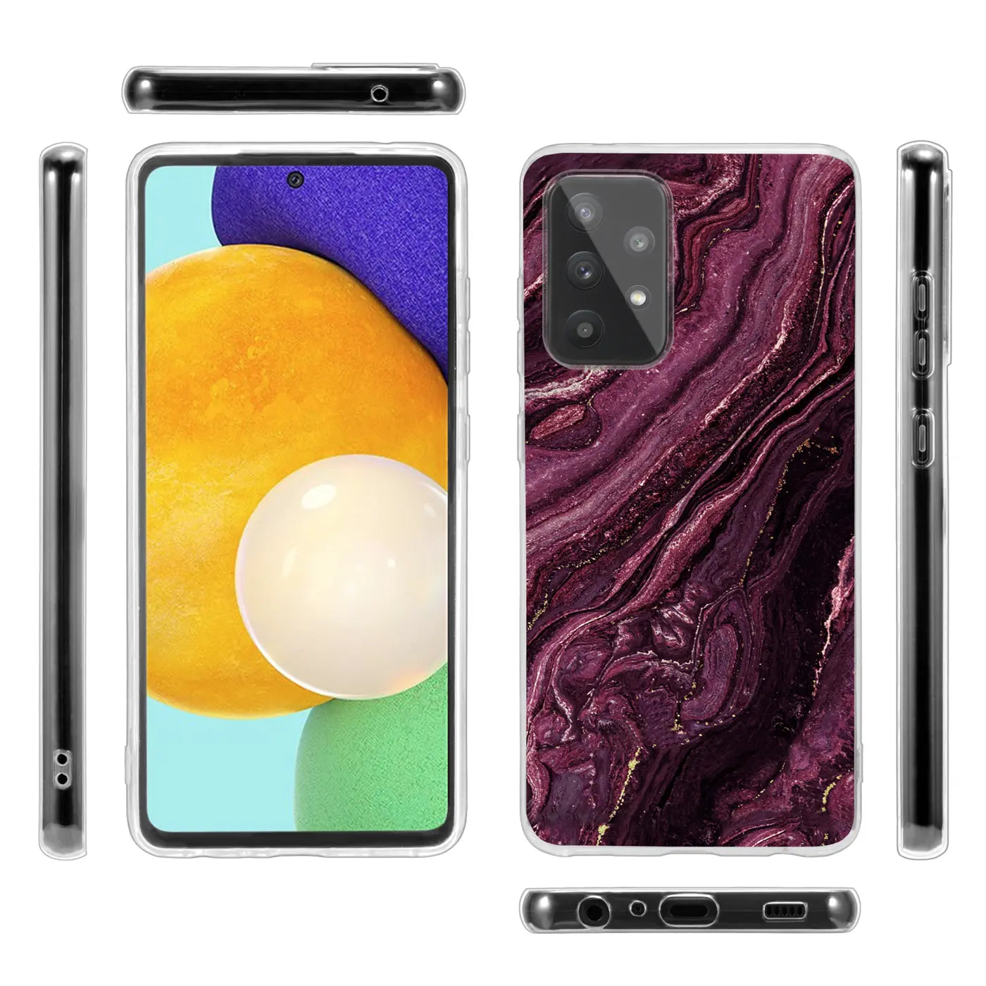 Samsung Galaxy A13 4G Hülle, lila Marmor-Design, von vorne, hinten, Seite