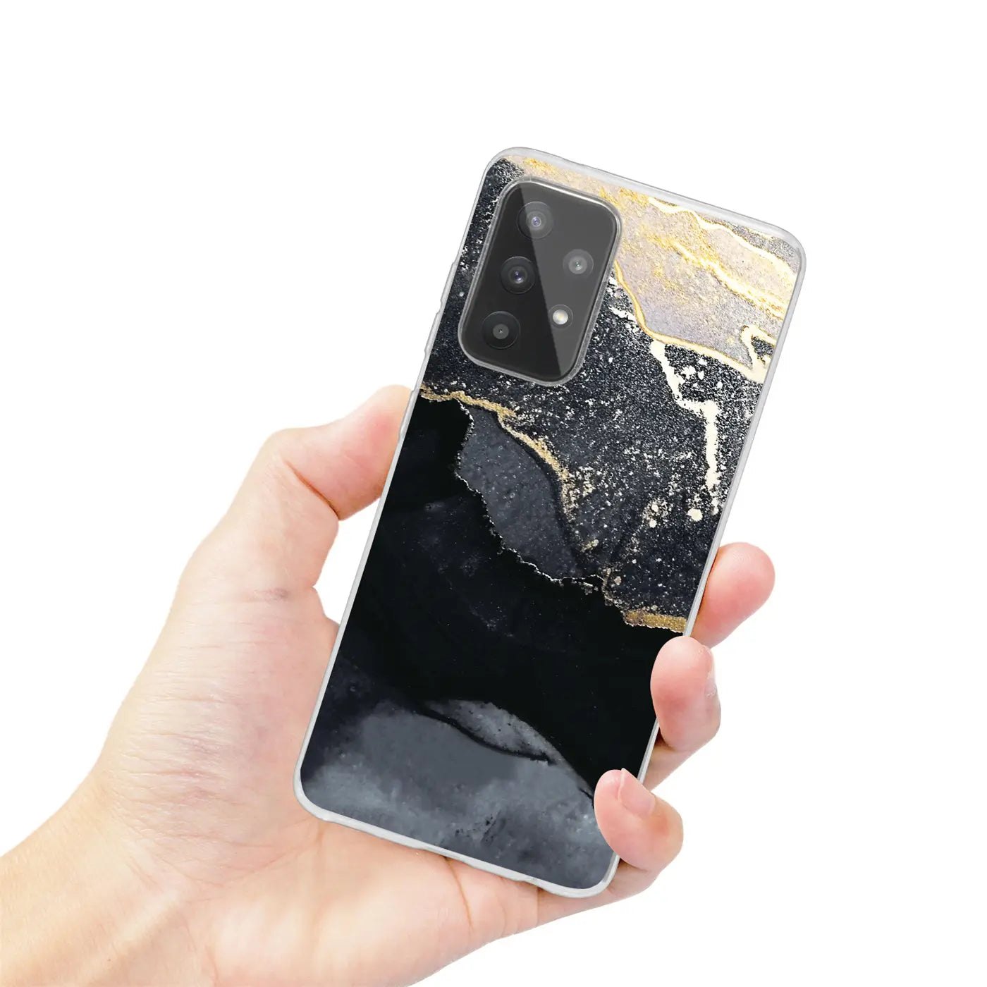 Hand hält Samsung Galaxy A13 4G Hülle, Marmor-Design, Schwarz/Gold, von vorne