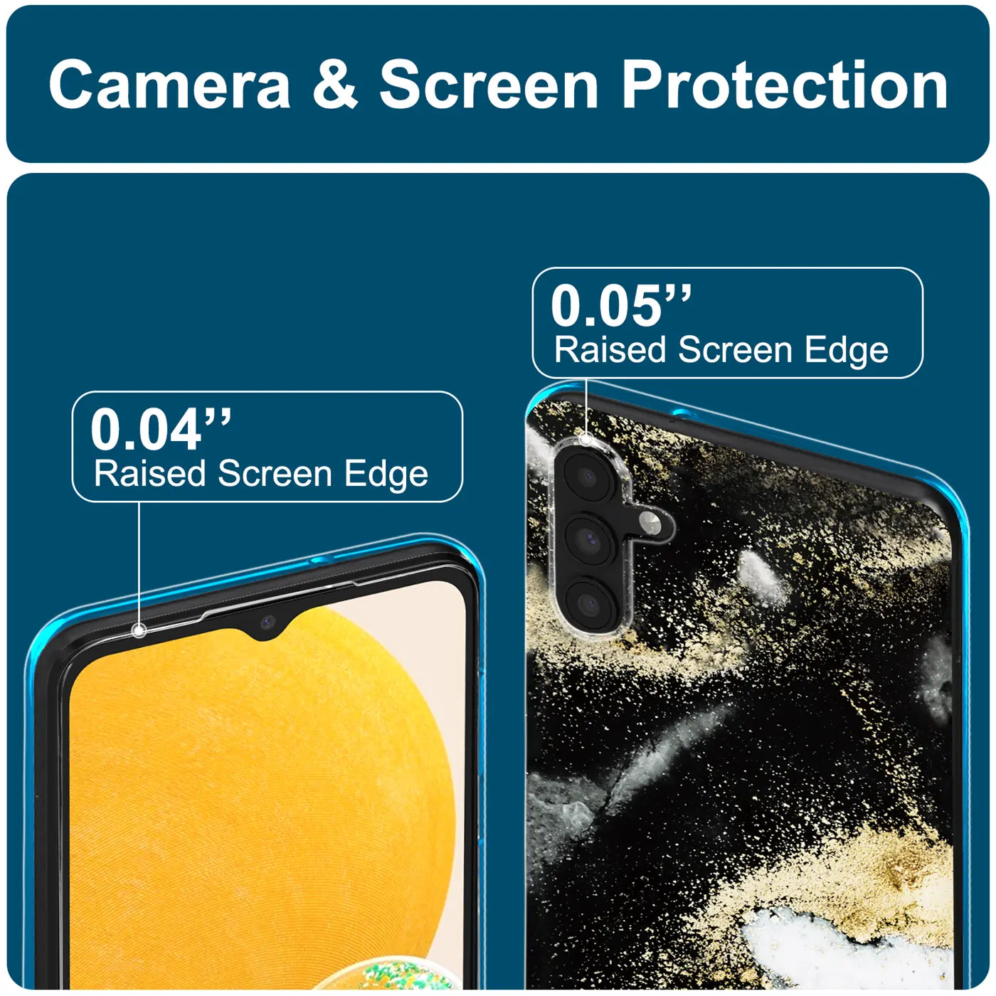 Samsung A13 5G Hülle, Marmor/Sand-Design, Rückseite mit Kamera, Nahaufnahme.