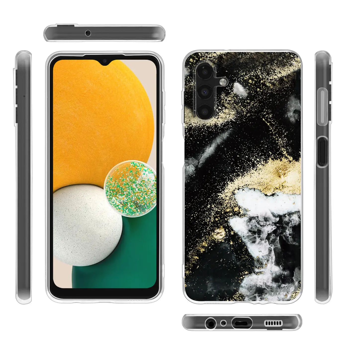 Samsung Galaxy A13 5G/A04s Hülle, Marmor-Design, Schwarz/Gold, Vorder- und Rückansicht