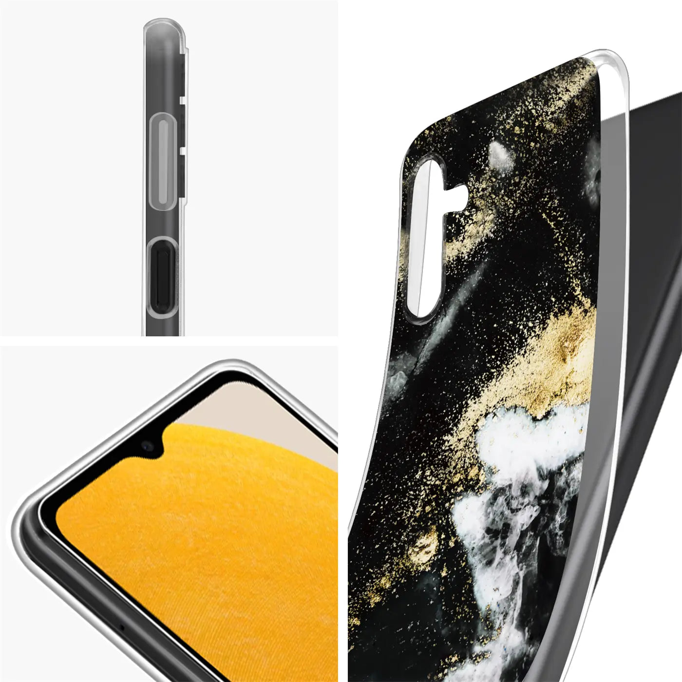 Samsung A13 5G Hülle, Marmor/Sand-Design, Schwarz/Gold, von der Seite und vorne