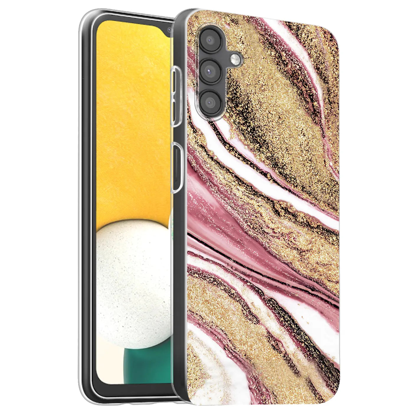 Samsung Galaxy A13 5G/A04s Hülle, Marmor-Design, Rosa/Gold, von vorne schräg