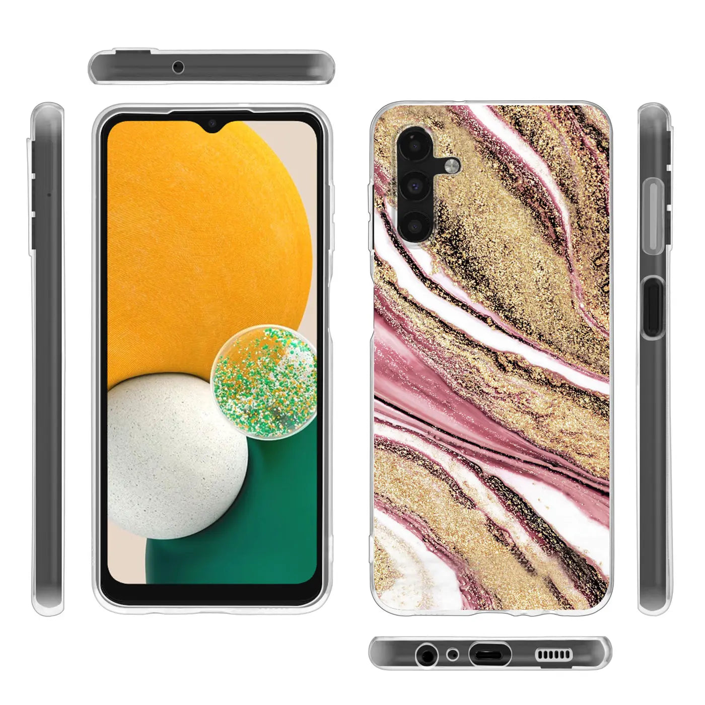 Samsung Galaxy A13 5G Hülle, Marmor-Design, Rosa/Gold, Vorder- und Rückansicht