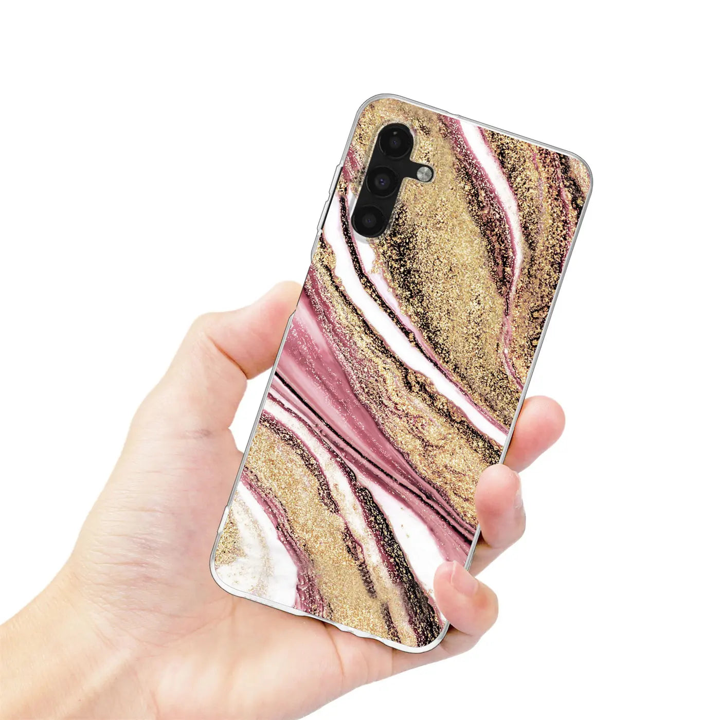 Samsung A13 5G/A04s Hülle, Marmor-Design, Gold/Rosa, von vorne gehalten