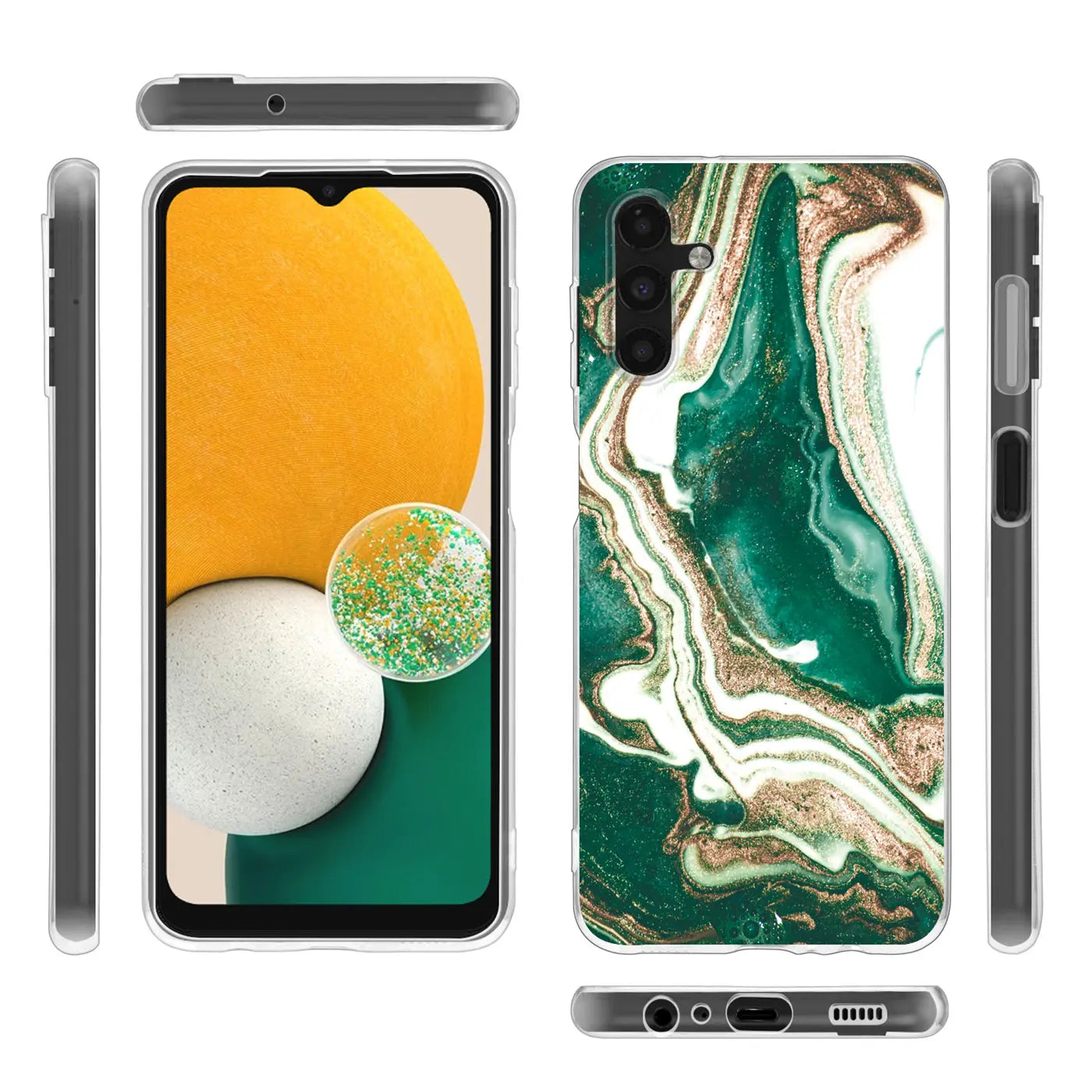 Samsung Galaxy A13 5G/A04s Hülle, Marmor-Design, Grün/Gold, Front/Rückseite/Seitenansicht