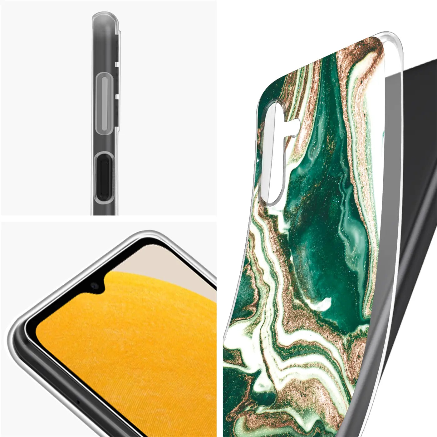 Grüne Marmor-Hülle mit Sand-Design, Nahaufnahme, Samsung Galaxy A13 5G / A04s.