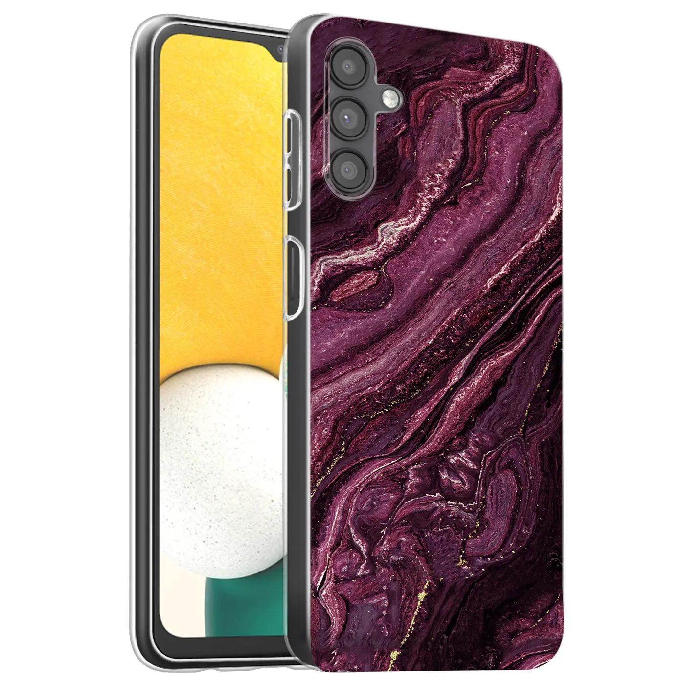 Lila Marmor-Design Hülle auf Samsung Galaxy A13 5G/A04s, von vorne schräg.