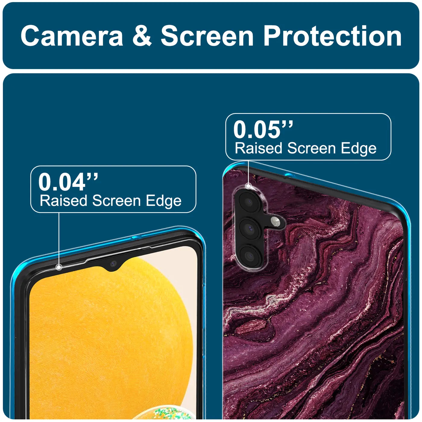 Samsung A13 5G/A04s Hülle mit Marmormuster, Nahaufnahme Rückseite und Vorderseite