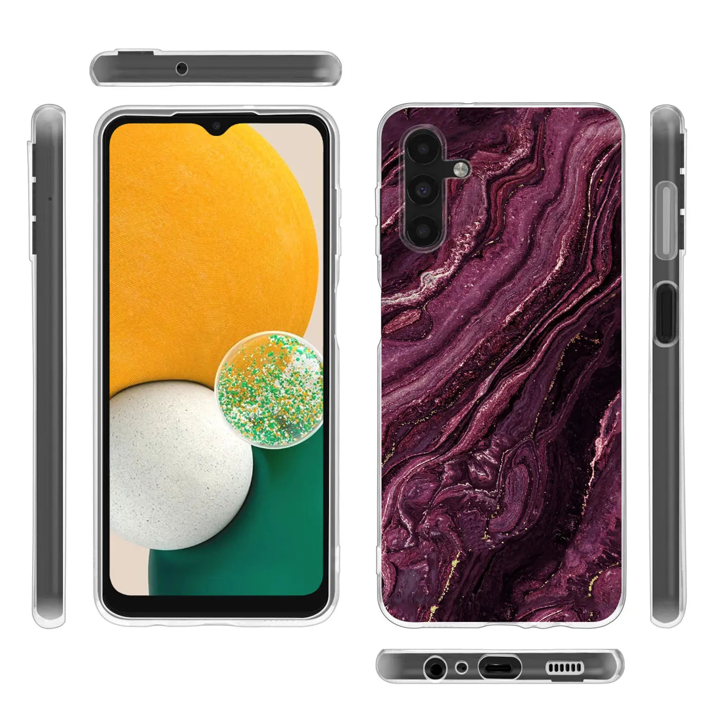 Samsung Galaxy A13 5G/A04s Hülle, lila Marmor-Design, Kunststoff, Vorder- & Rückansicht