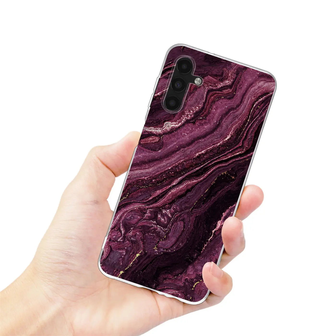 Samsung Galaxy A13 5G/A04s Hülle mit Marmormuster in Lila, von vorne gehalten