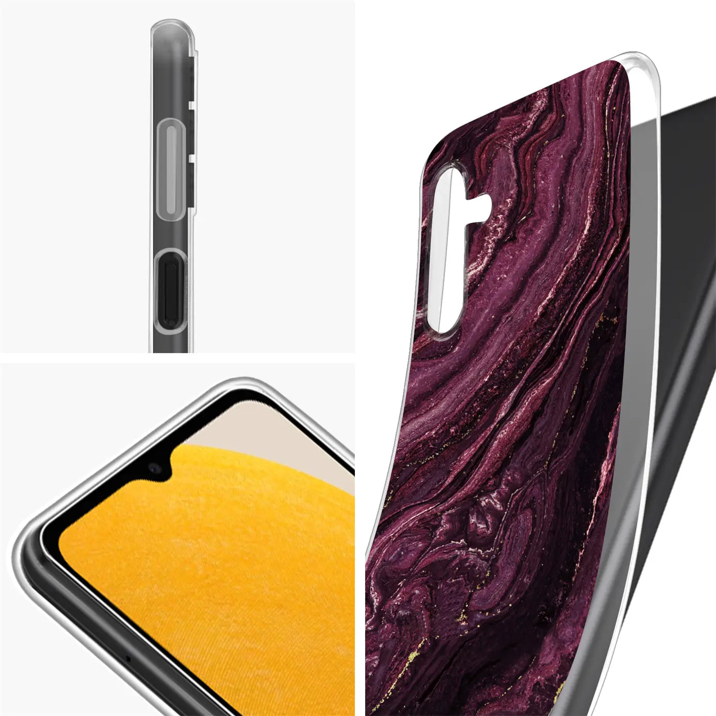 Lila Marmor-Design Hülle für Samsung Galaxy A13 5G / A04s, von der Seite und vorne