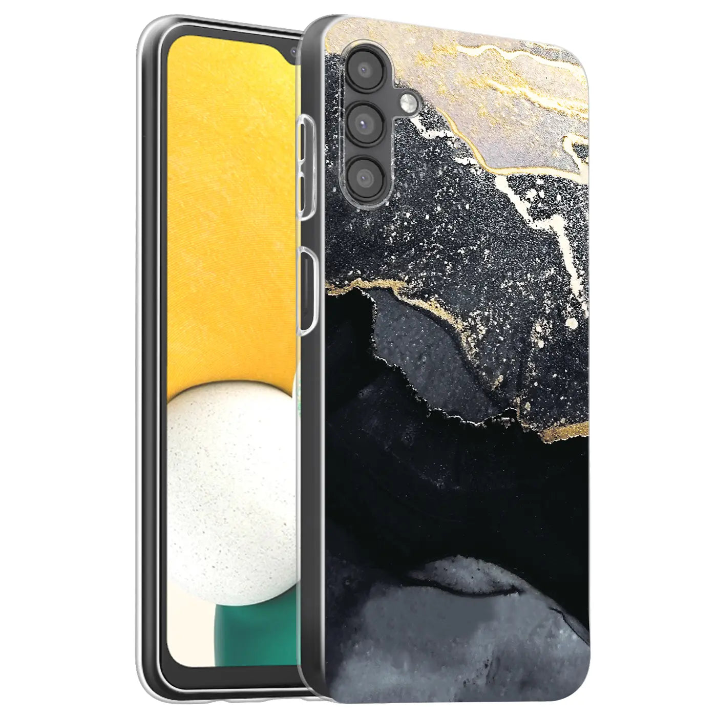 Samsung A13 5G Hülle, Marmor-Design, schwarz/gold, von vorne links, Kunststoff