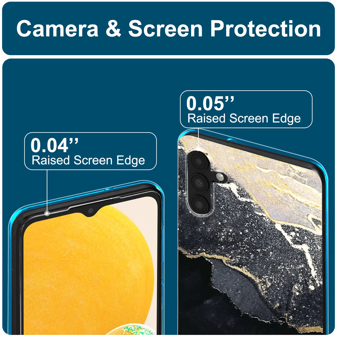 Samsung Galaxy A13 5G/A04s Hülle, Marmor-Design, Nahaufnahme der Kamera und des Bildschirms.
