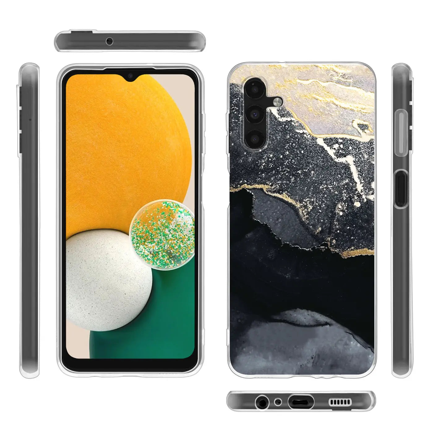 Samsung Galaxy A13 5G/A04s Hülle, Marmor-Design, Schwarz/Gold, Kunststoff, Vorder- & Rückansicht