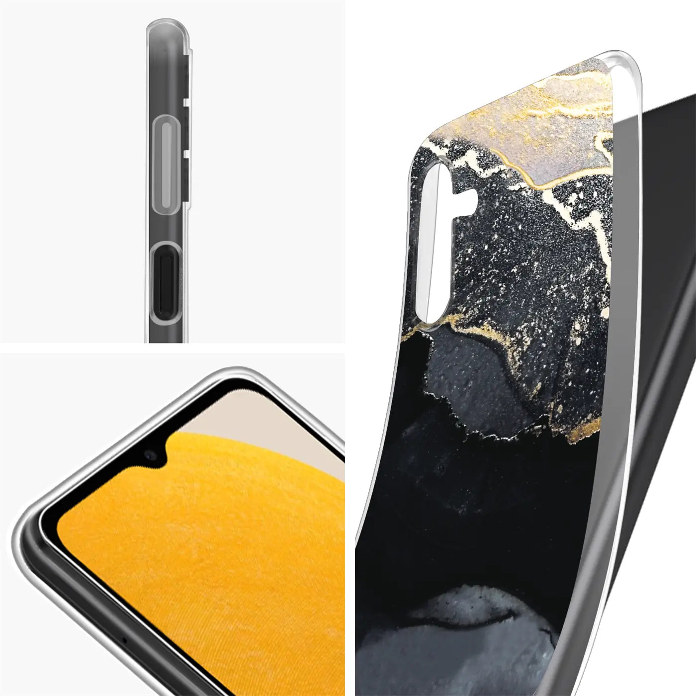 Samsung Galaxy A13 5G Hülle, Marmor-Design, Schwarz/Gold, klare Seitenansicht