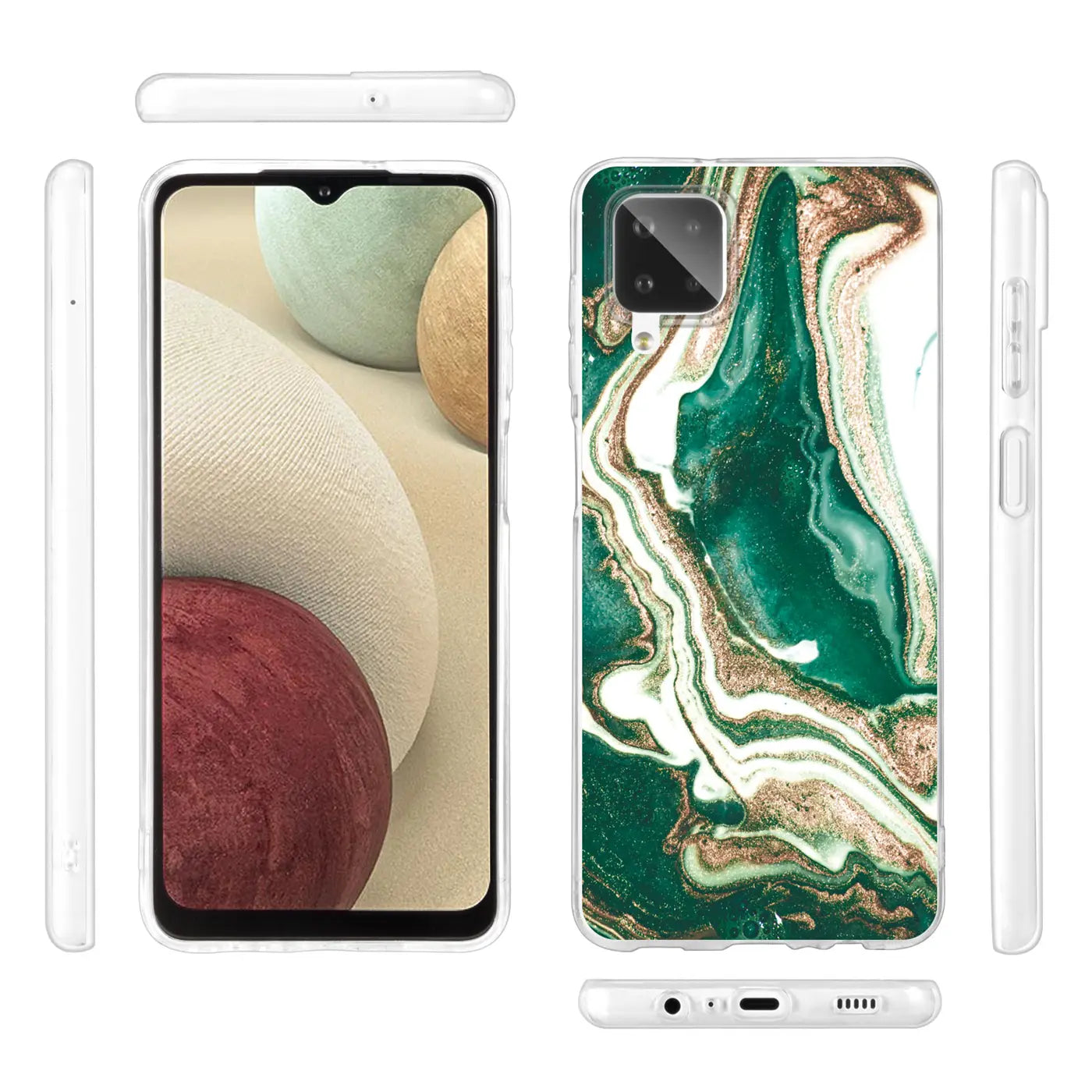 Samsung Galaxy A22 4G/M32/M22 Hülle, Marmor-Design, grün/gold, Vorder- und Rückansicht