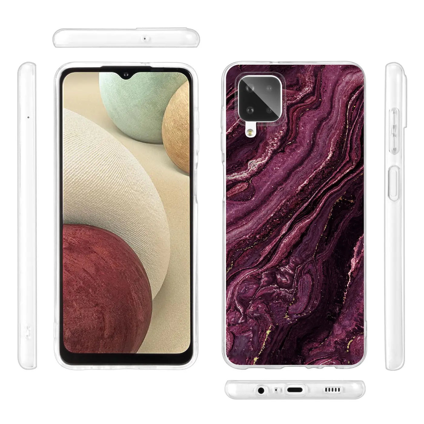 Samsung A22 4G/M32/M22 Hülle, lila Marmor-Design, klare Seiten, Vorder- und Rückansicht