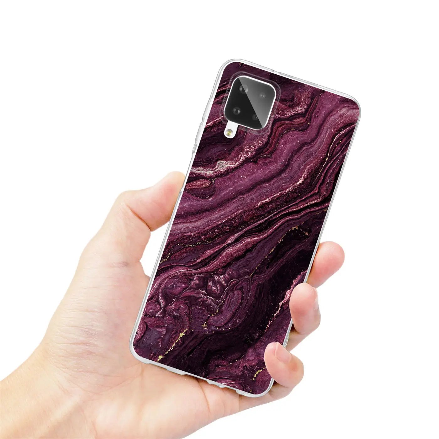 Hand hält Samsung Galaxy A22 4G Hülle, Marmor-Design, lila, von vorne schräg