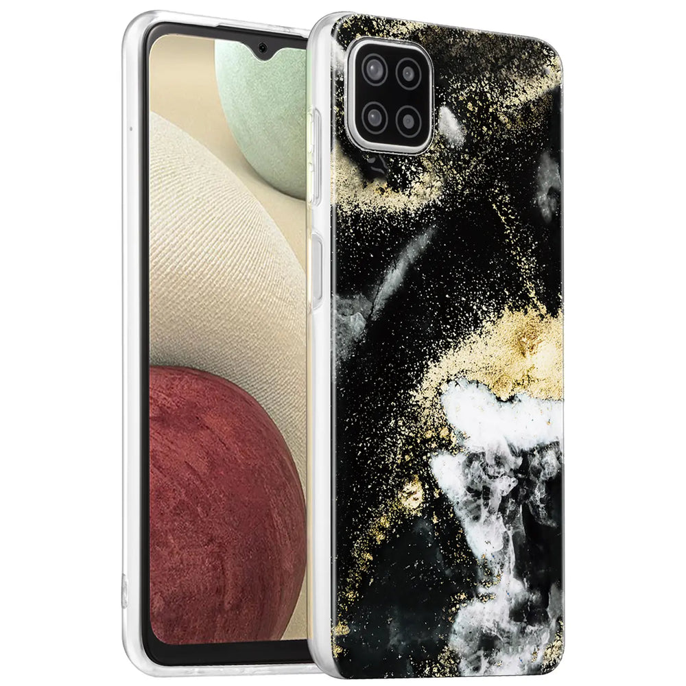 Samsung Galaxy A22 5G Hülle, Marmor- & Sand-Design, Schwarz/Gold, Nahaufnahme.