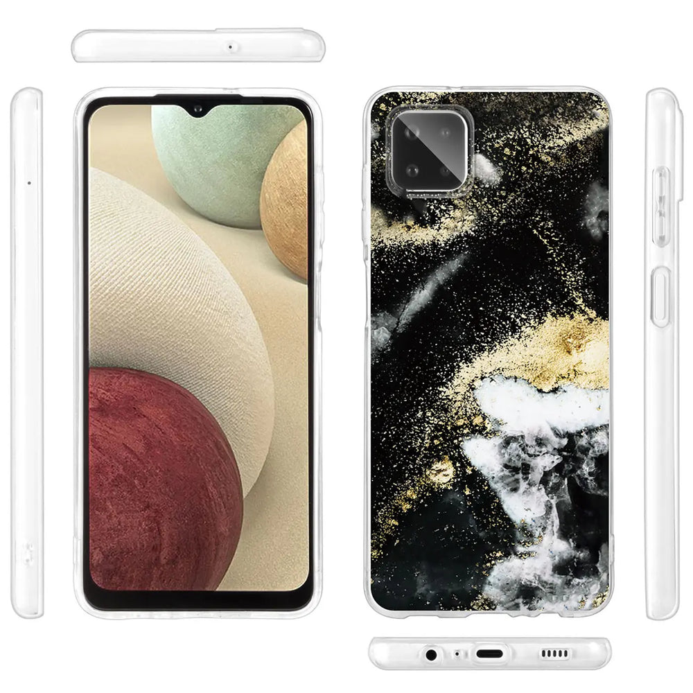 Samsung Galaxy A22 5G Hülle, Marmor/Sand-Design, Schwarz/Gold/Weiß, Kunststoff, Front-/Seiten-/Rückansicht
