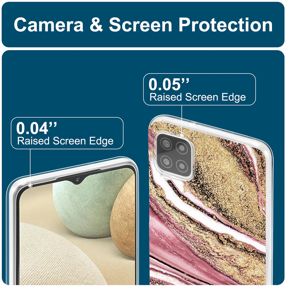 Samsung Galaxy A22 5G Hülle, Marmor/Sand-Design, Nahaufnahme von Kamera und Displayrand.