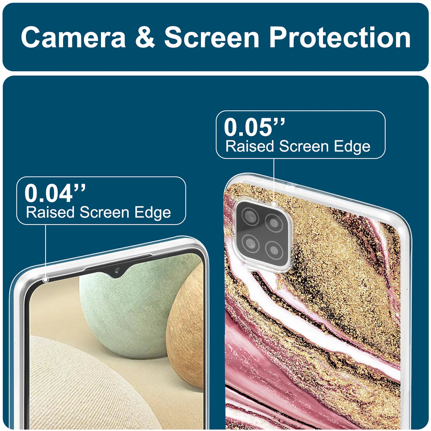 Samsung Galaxy A22 5G Hülle, Marmor/Sand-Design, Nahaufnahme von Kamera und Displayrand.