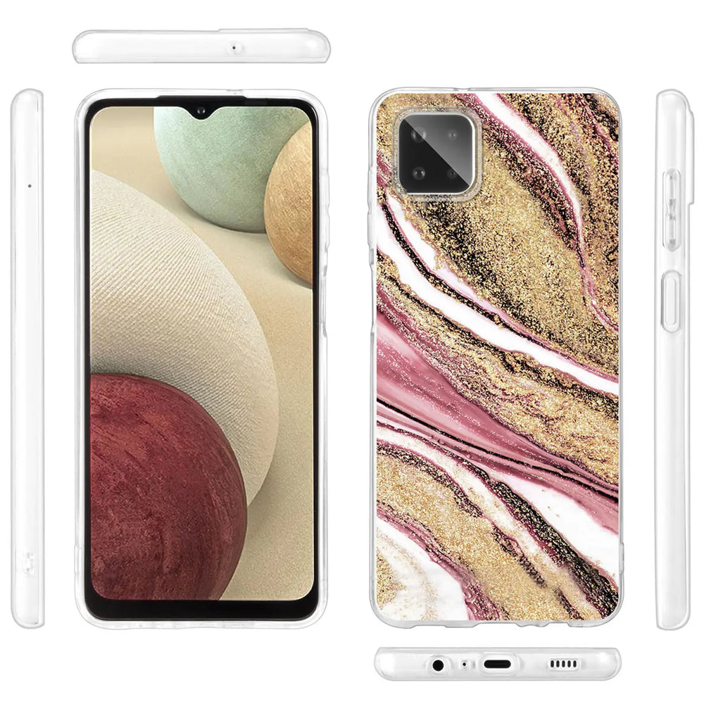 Samsung Galaxy A22 5G Hülle mit Marmor- & Sand-Design, rosa/gold, Vorder- & Rückansicht