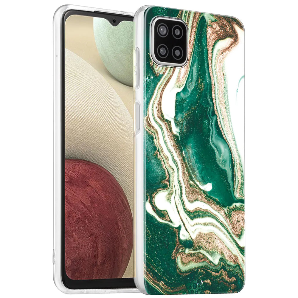 Samsung Galaxy A22 5G Hülle, Marmor-Design, Grün/Weiß/Gold, Kunststoff, von vorne links