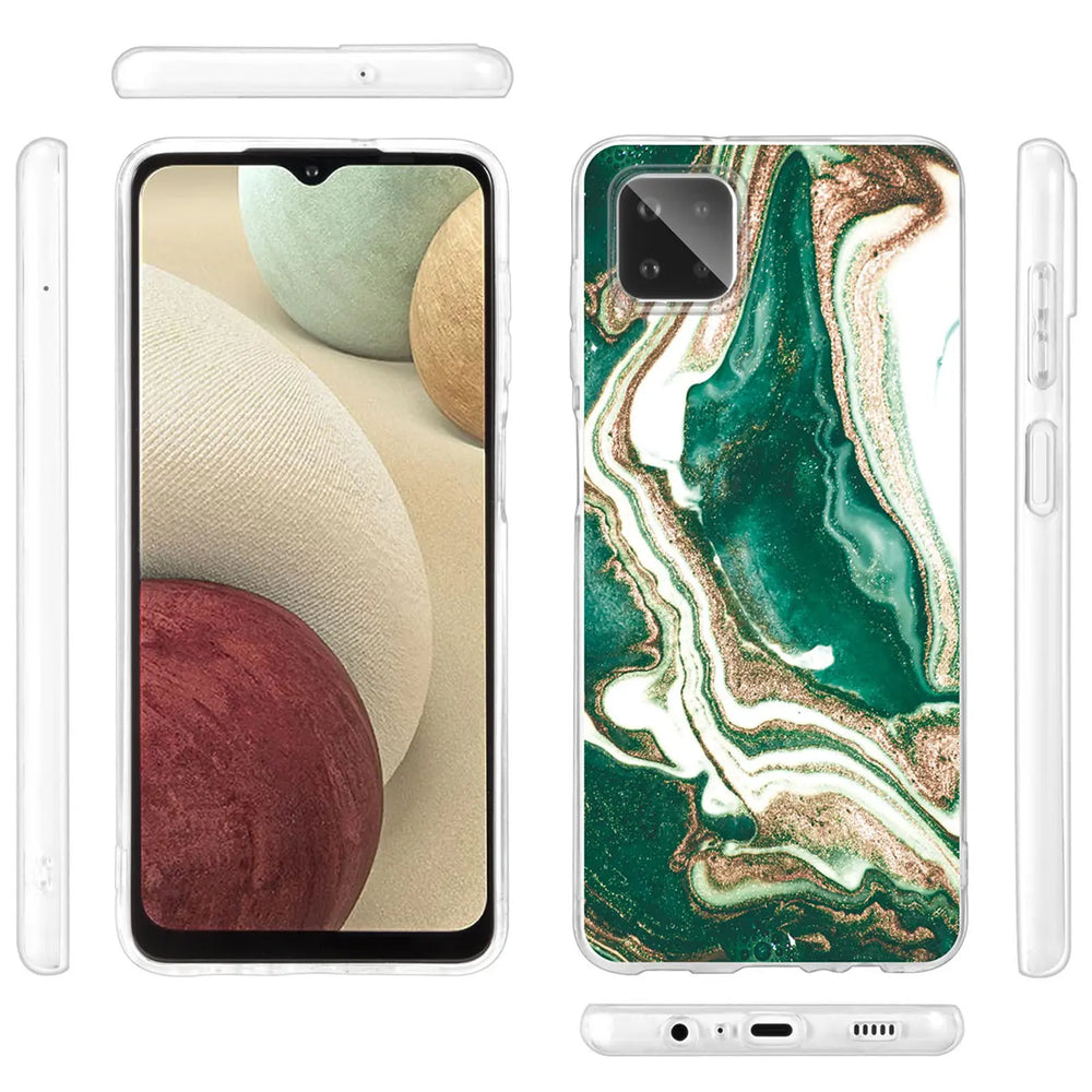 Samsung Galaxy A22 5G Hülle, Marmor-Design, grün/gold, Vorder- und Rückansicht