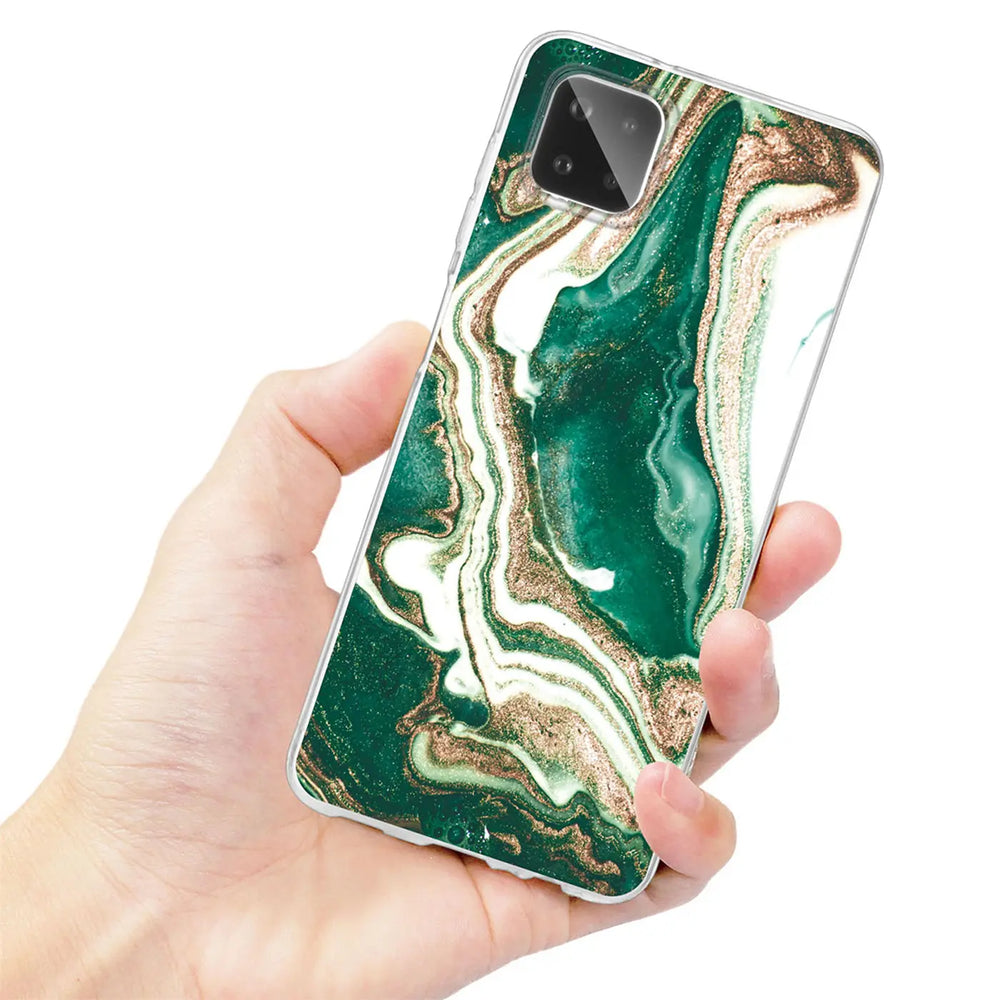Samsung Galaxy A22 5G Hülle, Marmor-Design, grün/gold, von vorne, leicht schräg