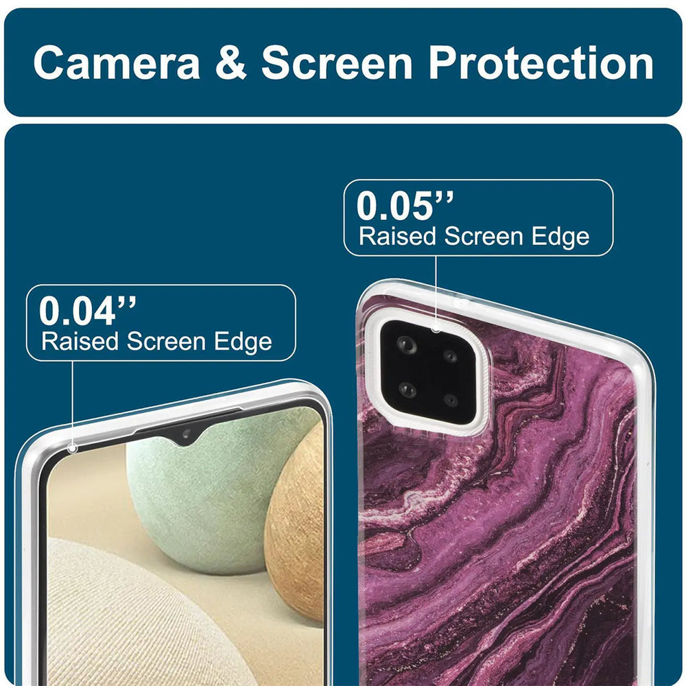 Samsung Galaxy A22 5G Hülle, Marmor-Design, Nahaufnahme, Rückseite und Seite.