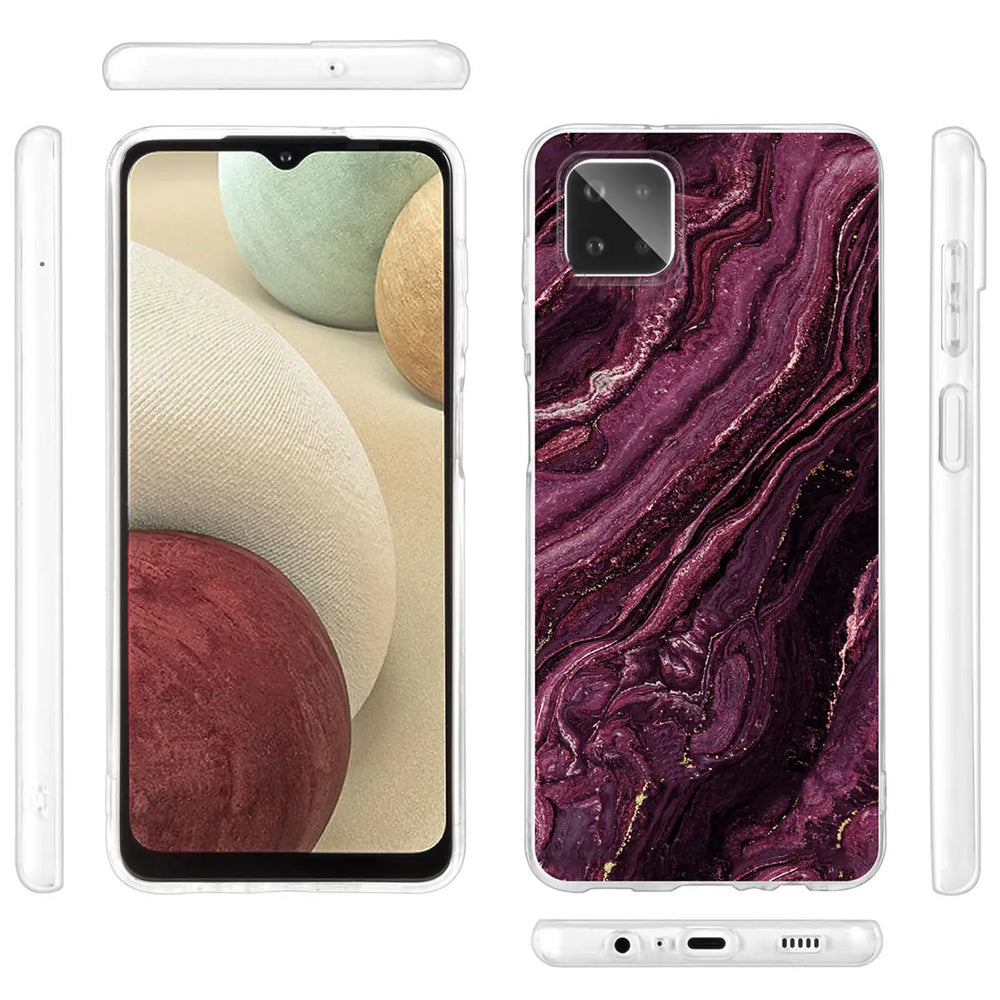 Samsung Galaxy A22 5G Hülle, lila Marmor-Design, Kunststoff, Vorder- und Rückansicht