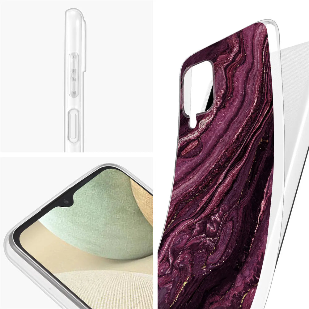 Samsung A22 5G Hülle, lila Marmor-Design, transparente Rückseite, Seitenansicht