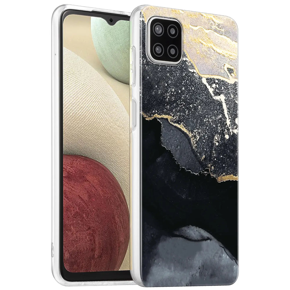 Samsung Galaxy A22 5G Hülle, Marmor-Design, schwarz/gold, von vorne schräg