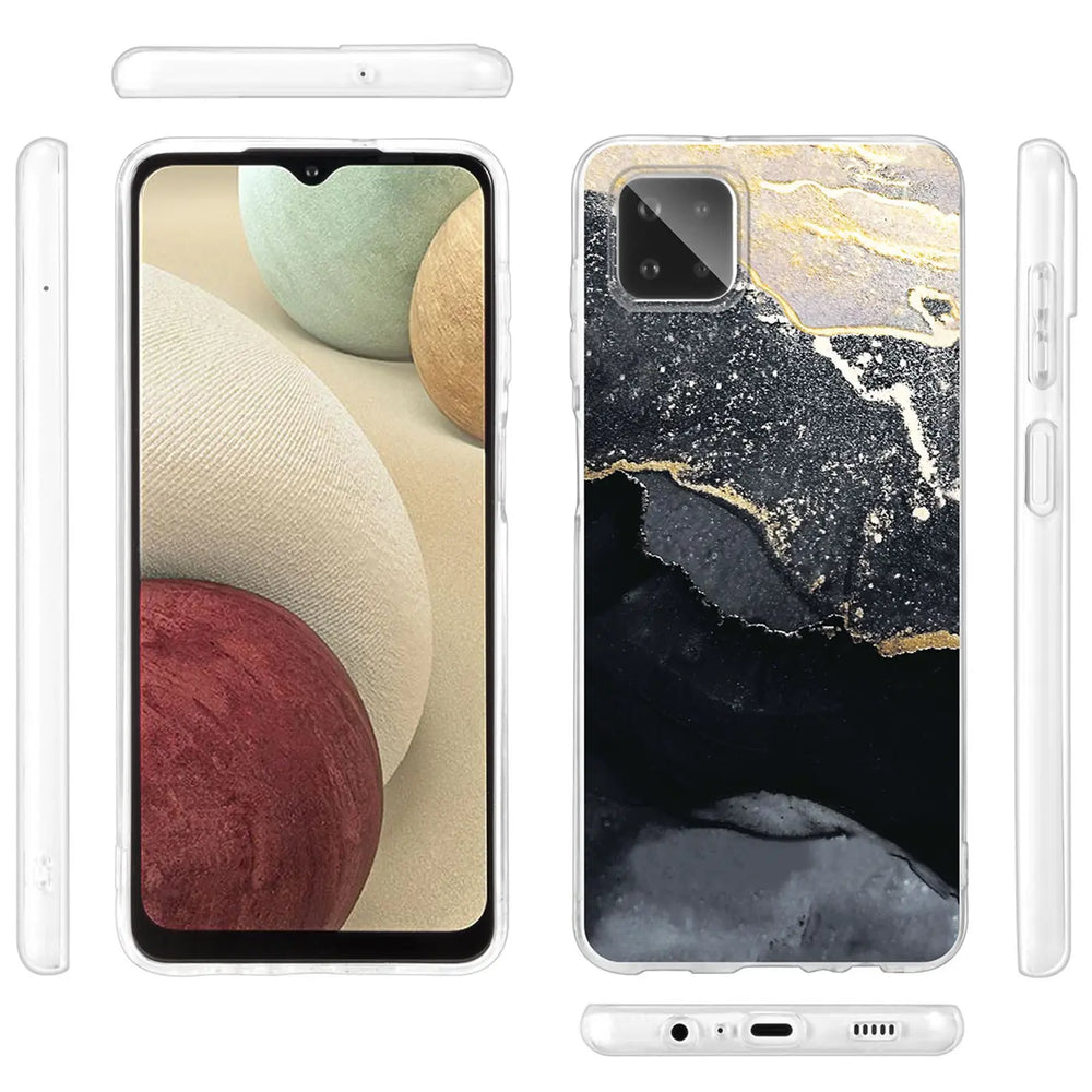Samsung Galaxy A22 5G Hülle, Marmor-Muster, schwarz/gold, Vorder- und Rückansicht