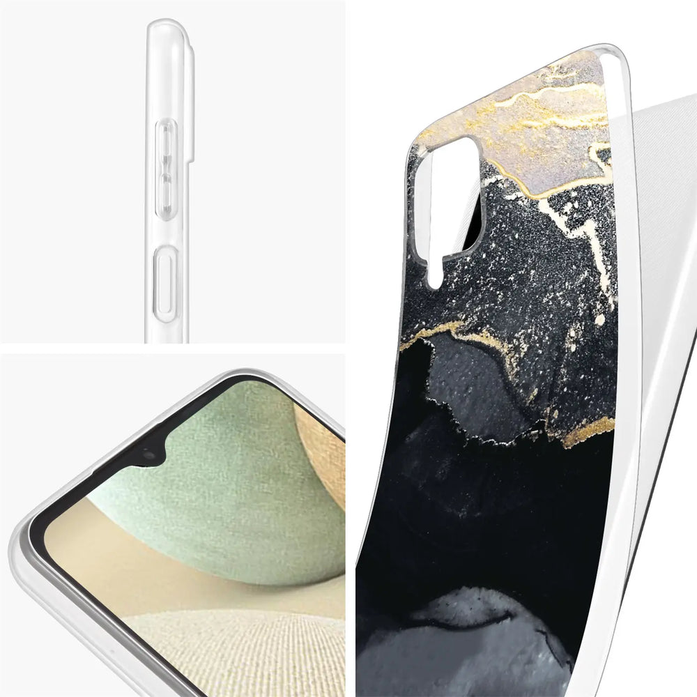 Samsung Galaxy A22 5G Hülle, Marmor-Design, Schwarz/Gold, Transparent, Seitenansicht