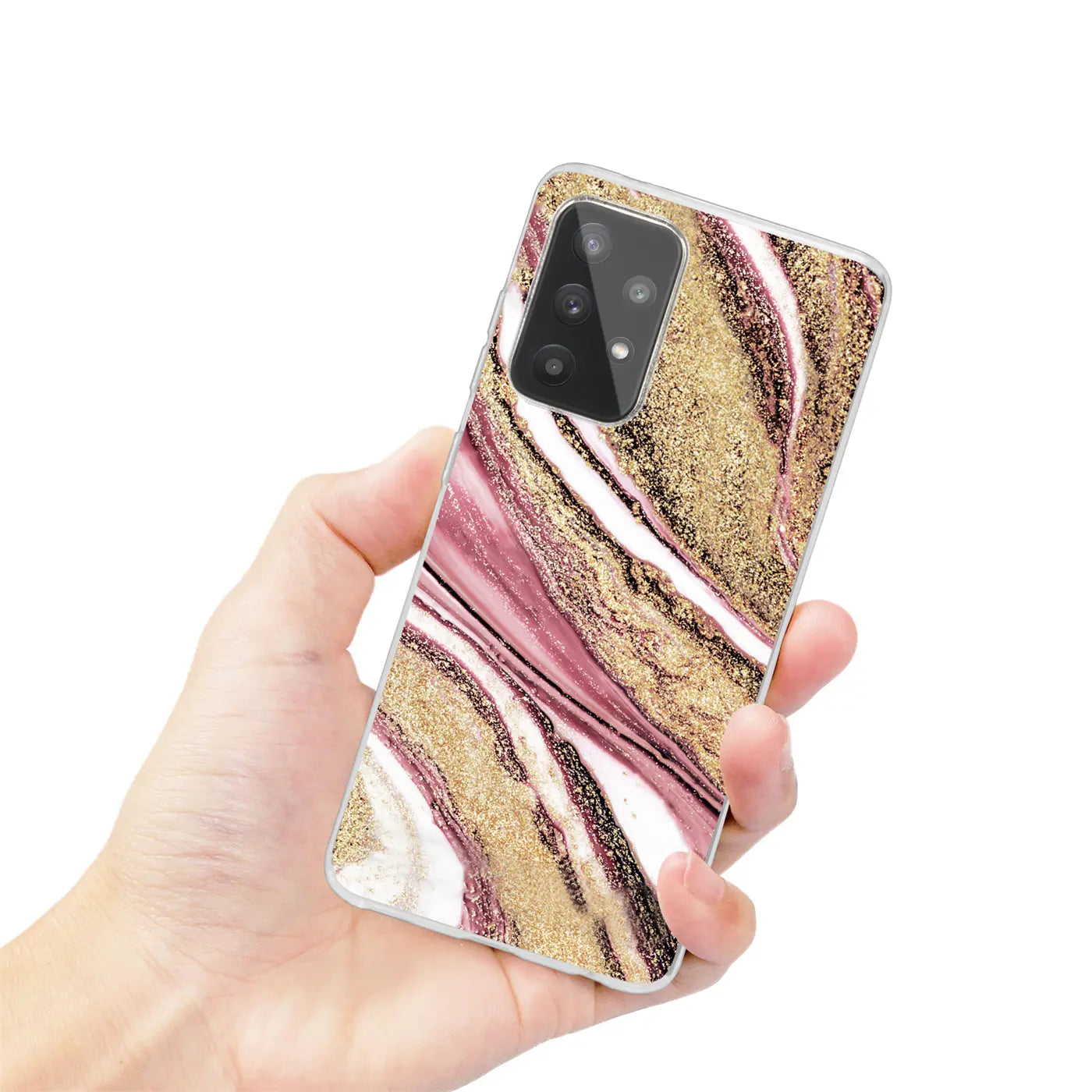 Samsung Galaxy A33 5G Hülle mit Marmor-Design in Rosa/Gold, von oben rechts gehalten.