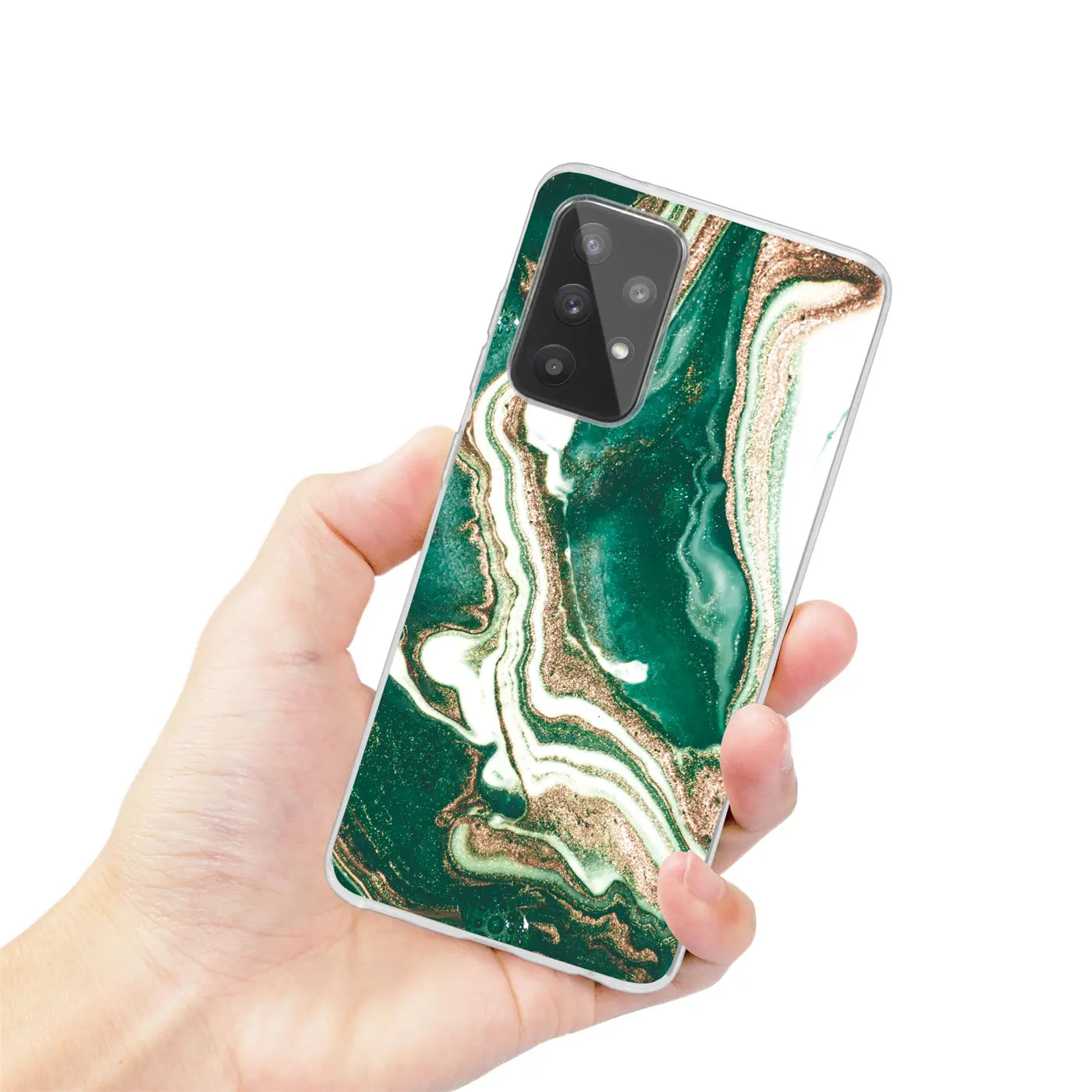 Samsung Galaxy A33 5G Hülle mit Marmor-Design in Grün, Weiß und Gold, von vorne gehalten.