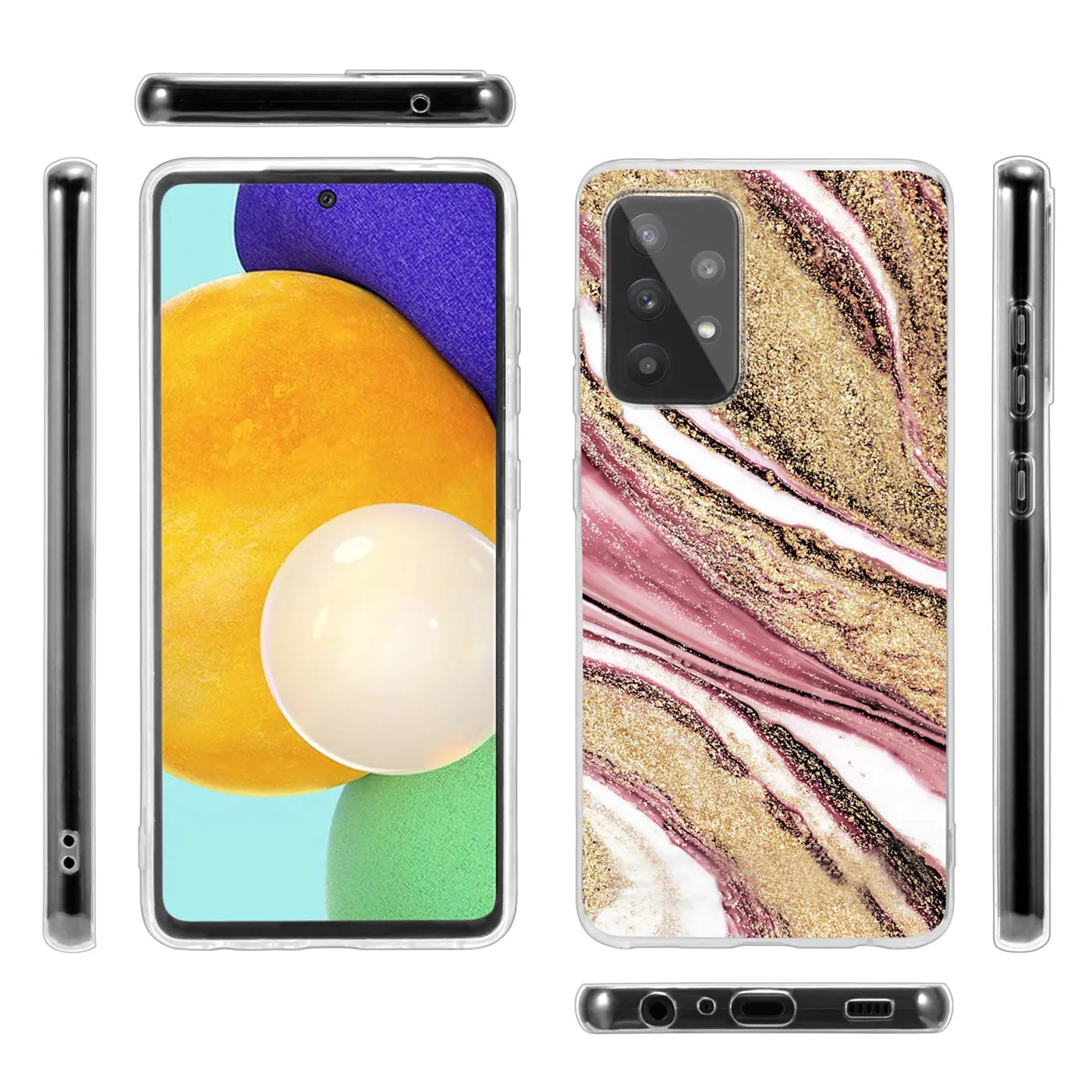 Samsung Galaxy A52 Hülle, Marmor-Design, rosa/gold, klare Perspektive