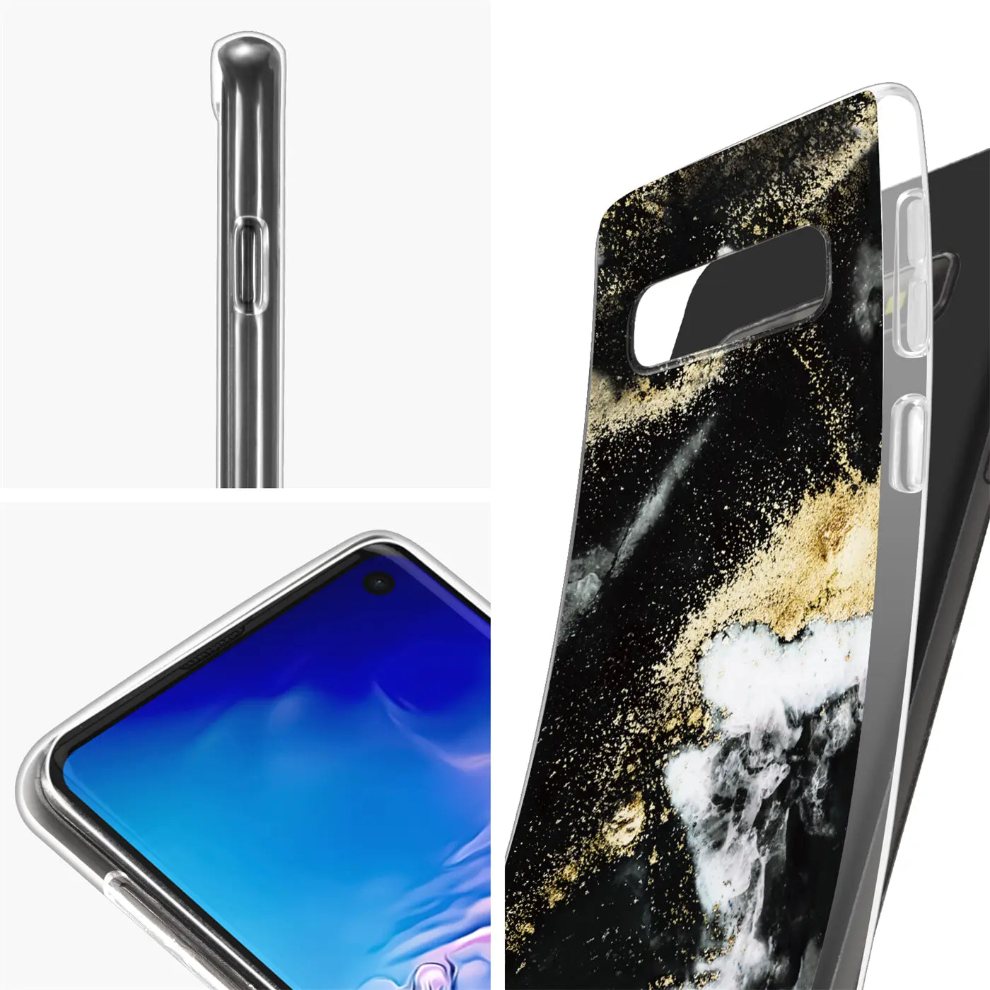 Samsung S10 Hülle, schwarz/gold Marmor-Design, von schräg und von oben gezeigt