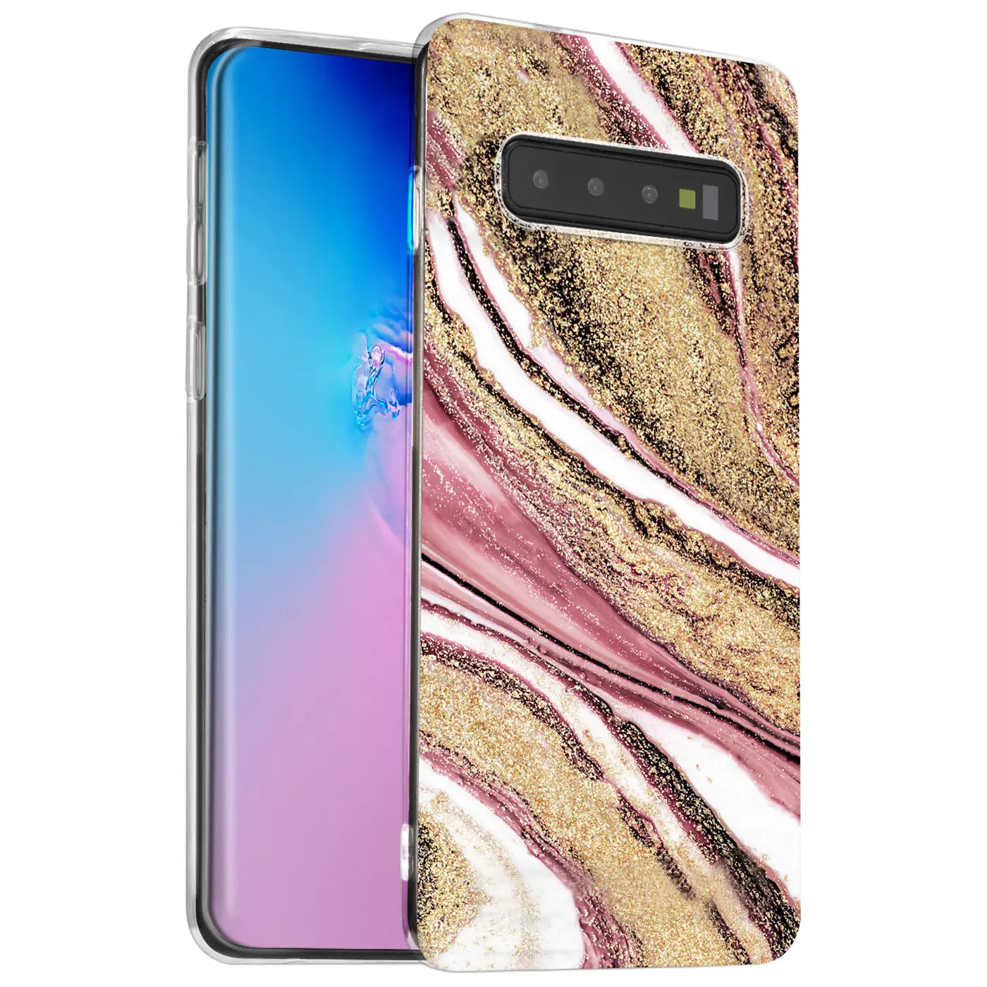 Samsung Galaxy S10 Hülle mit Marmor- & Sanddesign, rosa/gold, von vorne links