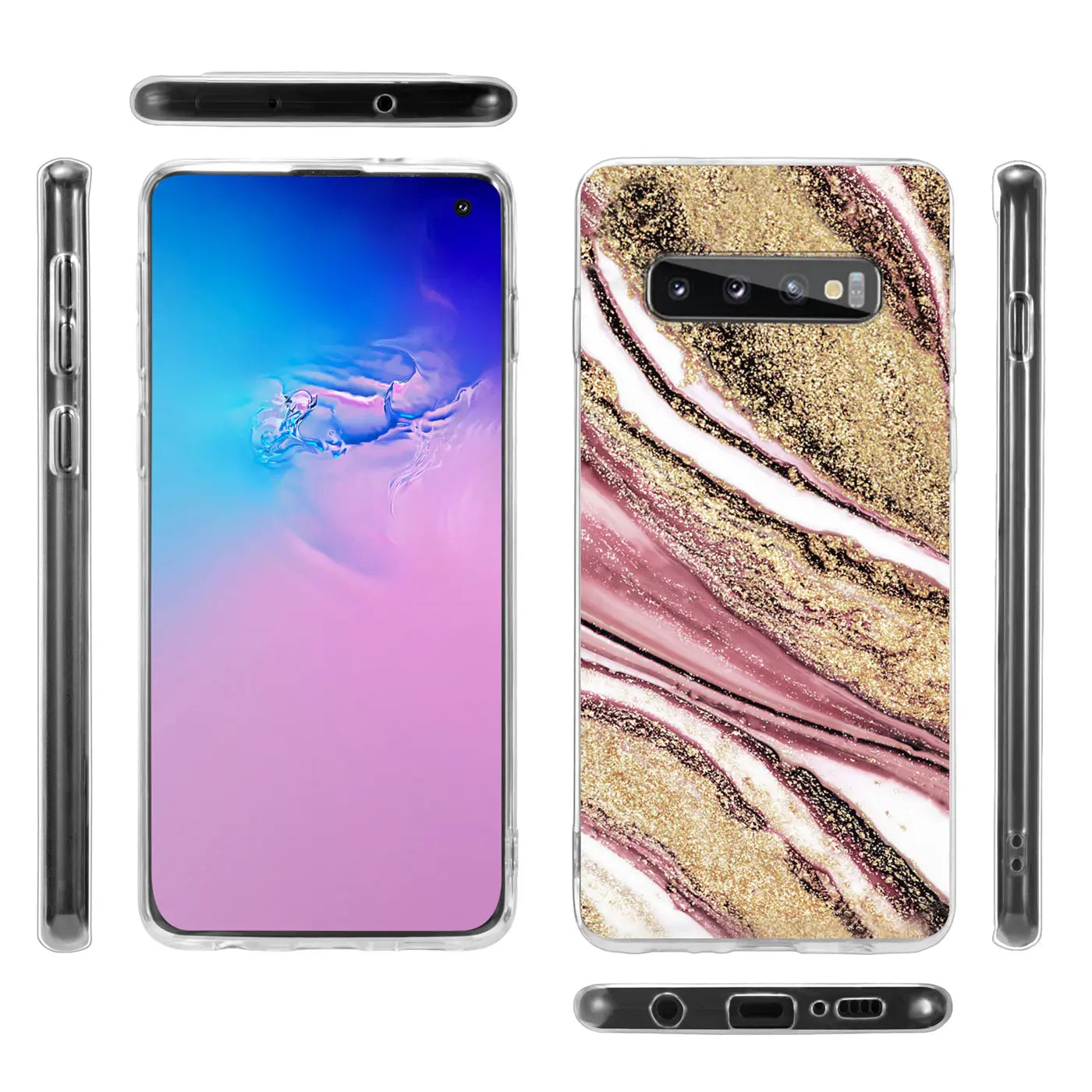 Samsung S10 Hülle, Marmor & Sand Design, Rosa/Gold, Kunststoff, Front- und Rückansicht