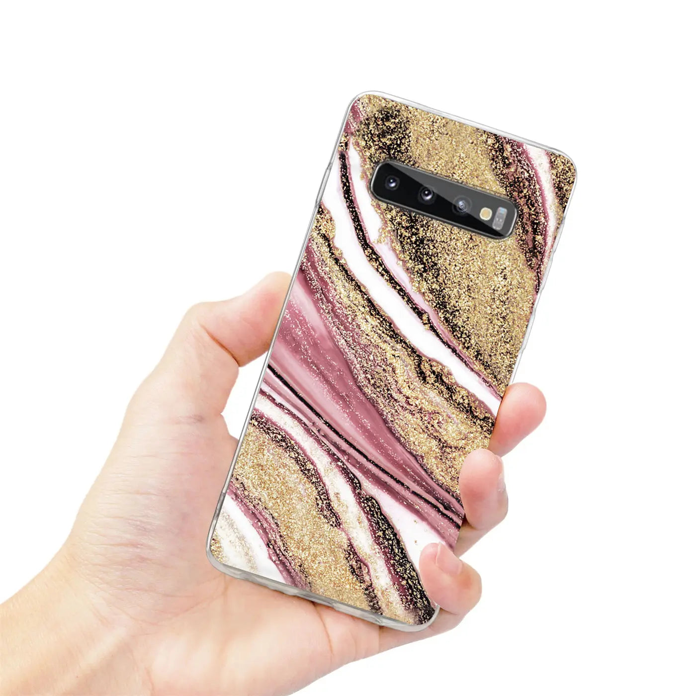 Samsung Galaxy S10 Hülle mit Marmor- & Sand-Design, von vorne unten gesehen.