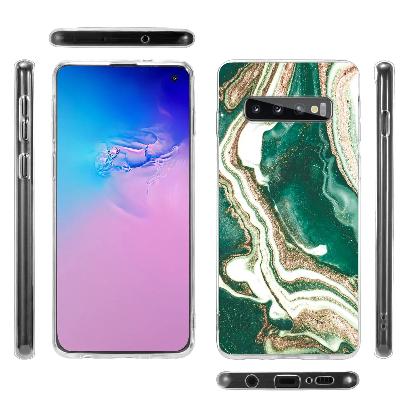 Samsung S10 Hülle, Marmor/Sand-Design, grün/gold/weiß, von vorne, hinten, Seite