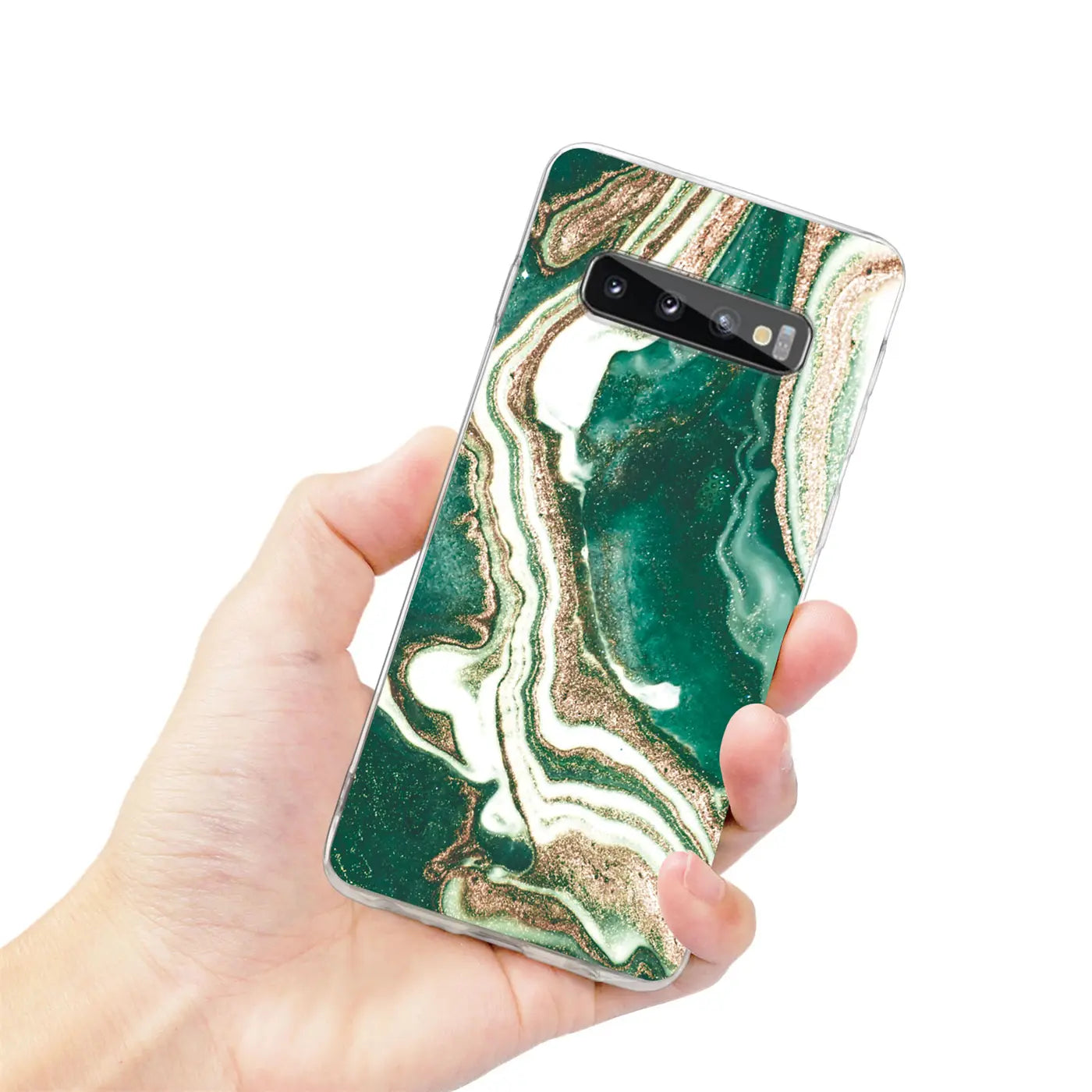Samsung Galaxy S10 Hülle, grün-gold Marmordesign, von vorne links gehalten