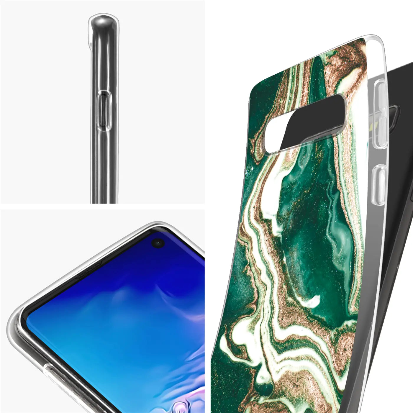 Samsung S10 Hülle, Marmor-Design, Grün/Gold, von schräg oben.